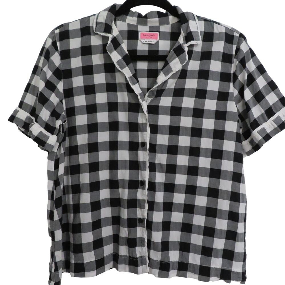 Kate Spade Sz M Black White Gingham Cotton Blend Button Down Top  PJ Preppy Cute